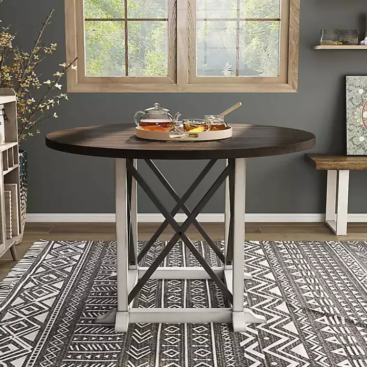 Dining Tables-Kirklands Home Rustic White & Oak Wood Round Dining Table Brown