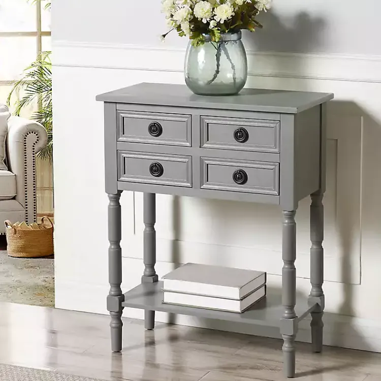 Console Tables-Kirklands Home Dark Wood 4-Drawer Barrett Console Table Gray