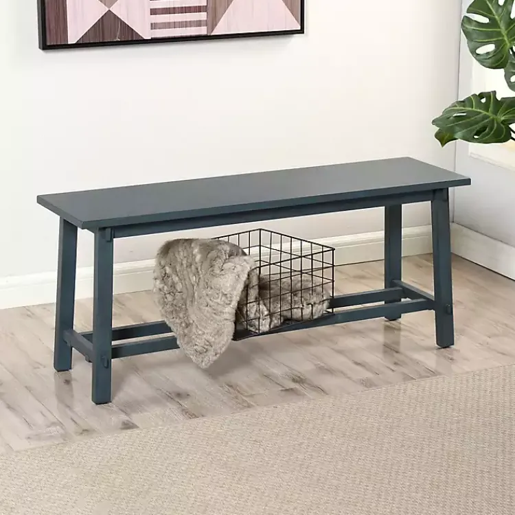 Benches & Ottomans-Kirklands Home Antique Navy Wood Noah Bench Blue