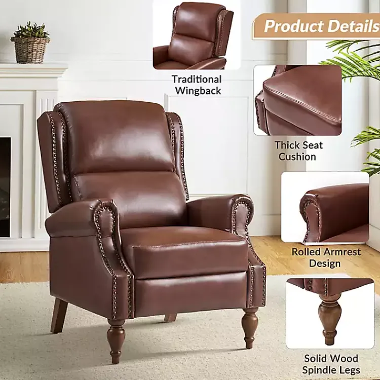 Accent Chairs-Kirklands Home Rosalie Faux Leather Manual Recliner Brown