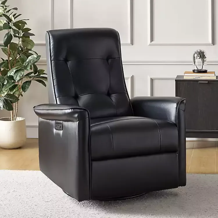 Accent Chairs-Kirklands Home Val Faux Leather Swivel Power Recliner Black