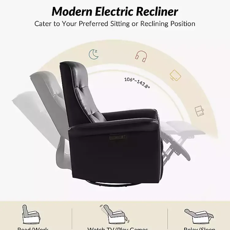 Accent Chairs-Kirklands Home Val Faux Leather Swivel Power Recliner Black