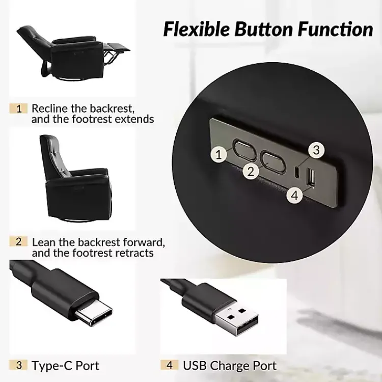 Accent Chairs-Kirklands Home Val Faux Leather Swivel Power Recliner Black