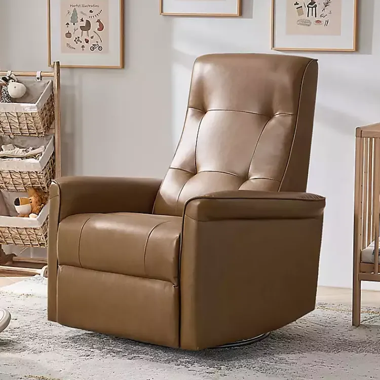 Accent Chairs-Kirklands Home Val Faux Leather Swivel Power Recliner Brown