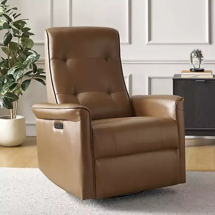 Accent Chairs-Kirklands Home Val Faux Leather Swivel Power Recliner Brown