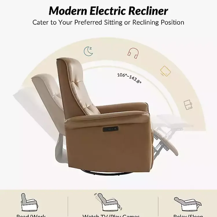 Accent Chairs-Kirklands Home Val Faux Leather Swivel Power Recliner Brown