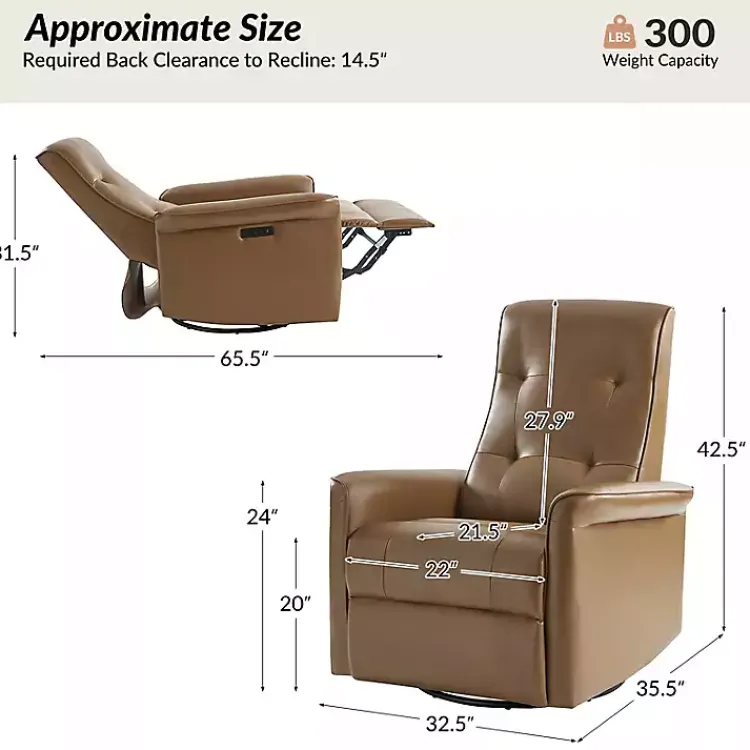 Accent Chairs-Kirklands Home Val Faux Leather Swivel Power Recliner Brown