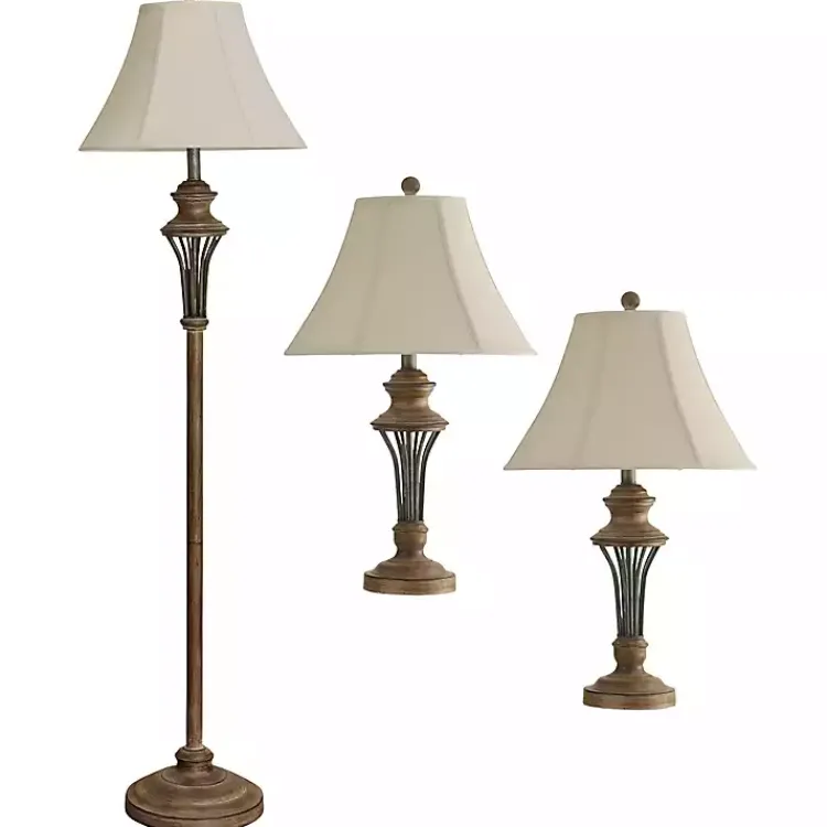 Table Lamps-Kirklands Home Natural Wood & Bronze Metal 3-pc. Lamp Set Ivory