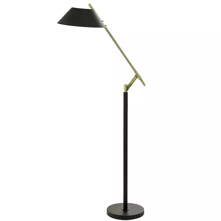 Floor Lamps-Kirklands Home Black Metal & Brass Angled Arm Task Floor Lamp
