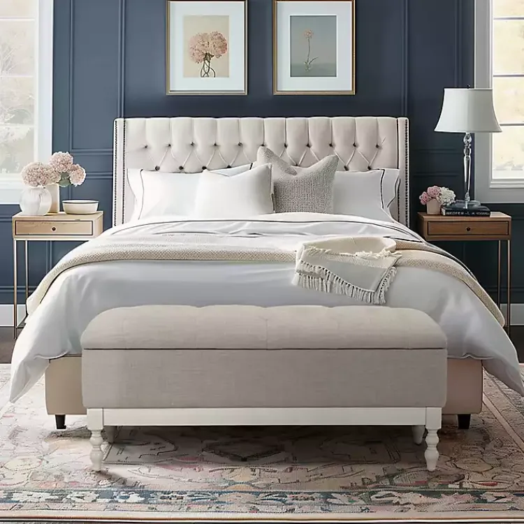 Benches & Ottomans-Kirklands Home Beckett White and Tufted Storage Bench Gray