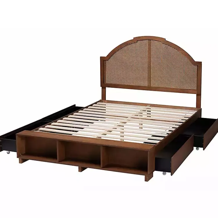 Beds & Headboards-Kirklands Home Walnut Rattan Queen Storage Bed Brown