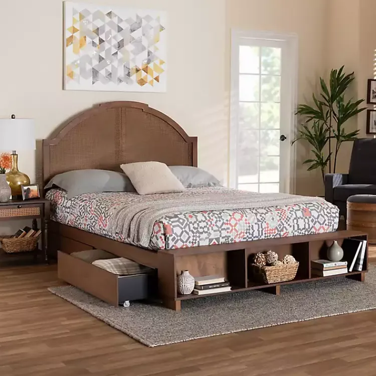 Beds & Headboards-Kirklands Home Walnut Rattan Queen Storage Bed Brown