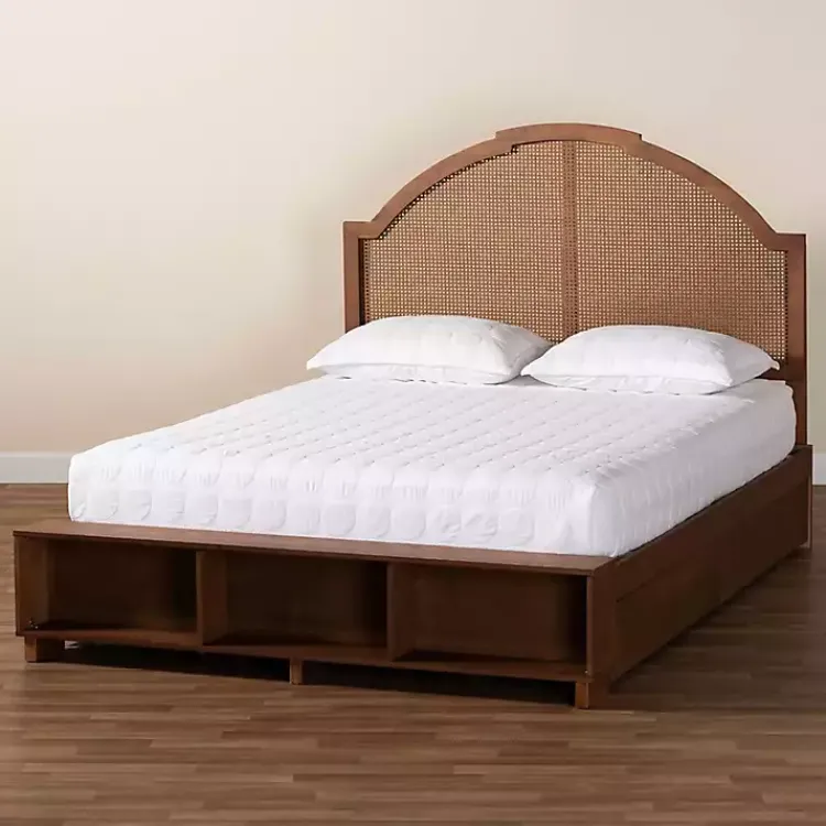 Beds & Headboards-Kirklands Home Walnut Rattan Queen Storage Bed Brown