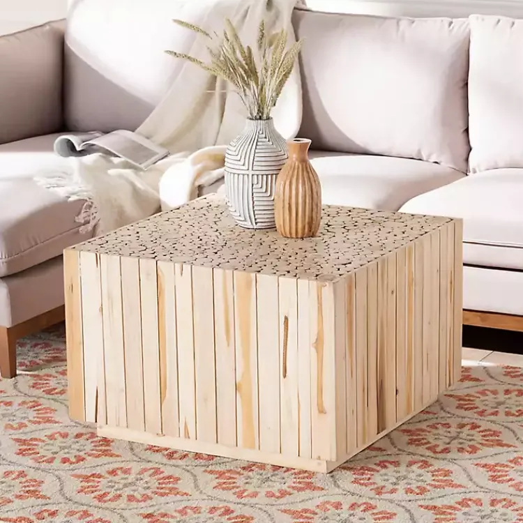 Coffee Tables-Kirklands Home Repurposed Wood Logs Square Coffee Table Tan