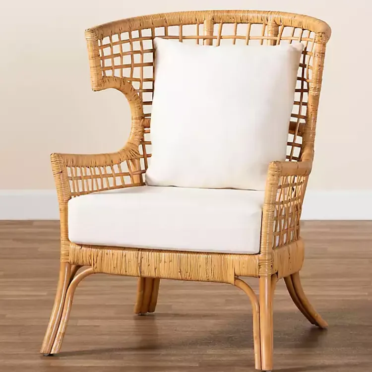 Accent Chairs-Kirklands Home Light Honey Rattan Curved Accent Chair Ivory